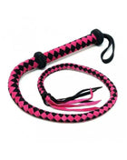 Handcrafted Leather Bullwhip with a vivid pink-and-black diamond weave, black handle grip, wrist loop, and split tails.