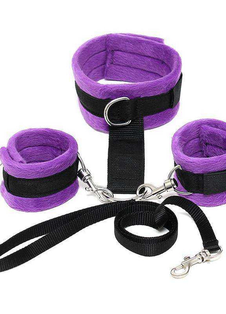 Adjustable purple handcuffs connected to collar with detachable leash