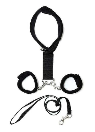 Handcuffs to Collar set in black with adjustable padded cuffs, a neck collar strap, metal clips and a leash.