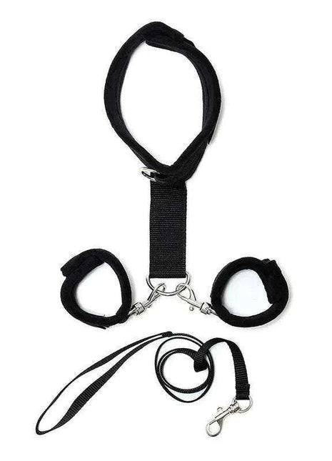 Handcuffs to Collar set in black with adjustable padded cuffs, a neck collar strap, metal clips and a leash.