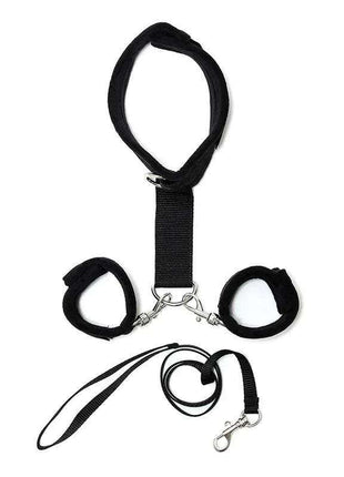 adjustable black handcuffs attached to collar with leash