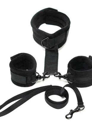 Adjustable black handcuffs to collar with leash bondage set for couples