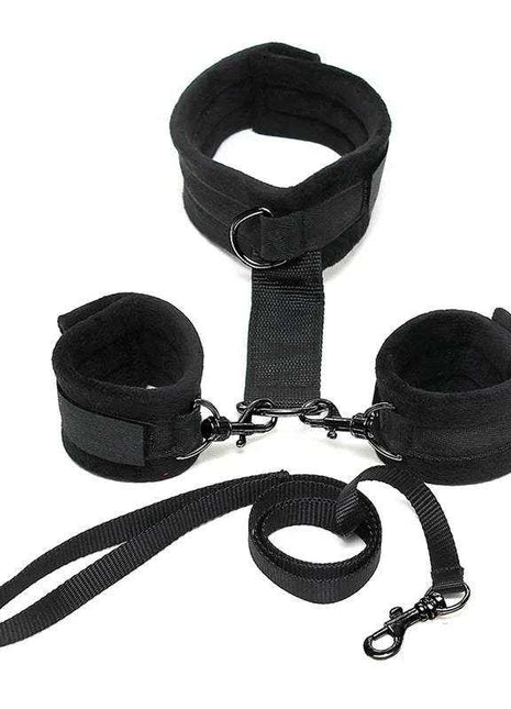 Adjustable black handcuffs to collar with leash bondage set for couples