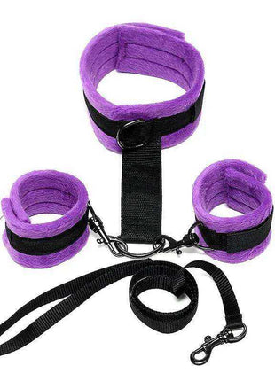 Handcuffs to Collar with Leash in purple fabric with black straps, metal clips and detachable leash