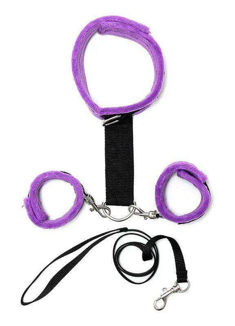 Handcuffs to Collar with Leash set with purple fabric loops, black straps, and silver metal clips and connectors
