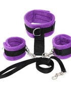 Handcuffs to Collar with Leash in purple plush fabric with black straps, silver rings, and detachable leash