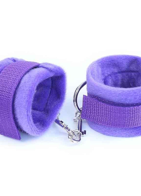 Purple handcuffs with adjustable Velcro straps for comfort and style