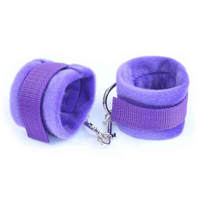 Purple handcuffs with adjustable Velcro straps for comfort and style