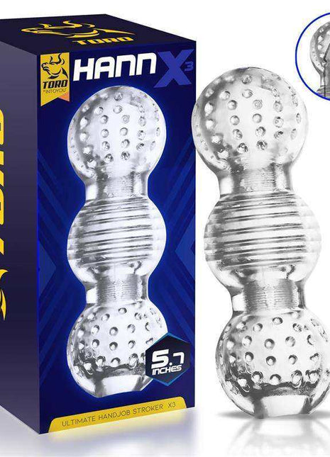 Hannx3 Ultimate Handjob Stroker 5.7, clear textured silicone stroker with rounded ends and ribbed center beside blue and yellow packaging