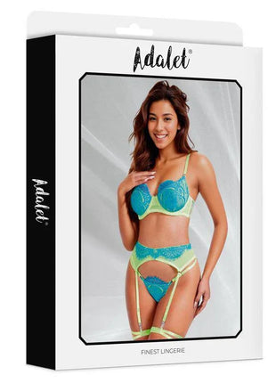 Harlow Bra, Garter, Panties and Leg Ring Set Yellow and Blue