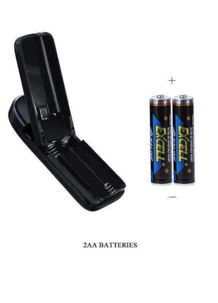 Harness Double Dildo product image showing an open black battery compartment beside two AA batteries