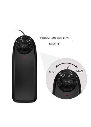 Harness Double Dildo control panel with a black plastic vibration button, on/off control, and adjustable intensity dial