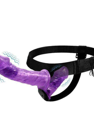 Harness Double Dildo in translucent purple silicone with two curved ends and an adjustable black harness strap