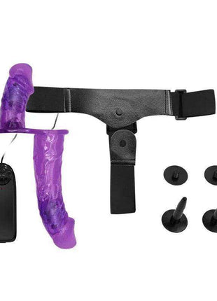 Harness Double Dildo in purple textured silicone with a black adjustable harness, remote and interchangeable attachments