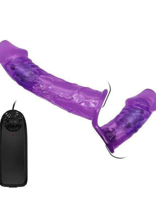 Harness Double Dildo in translucent purple silicone, with two textured ends, a central flange and separate black remote