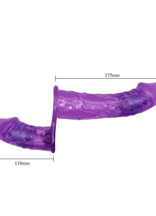 Purple vibrating harness double dildo made of body-safe silicone