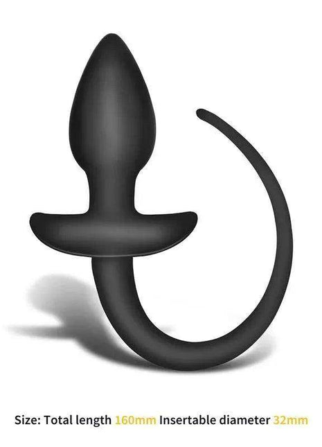 Harthley Butt Plug in black silicone with a tapered bulb, wide base and curved tail attachment
