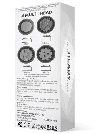 Heady Stimulator Multi-Head Black product box showing four interchangeable massage heads and a white-and-black design