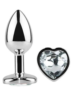 Heart Shaped Butt Plug in polished silver-tone metal with a pointed tapered tip and separate faceted heart-shaped jewel