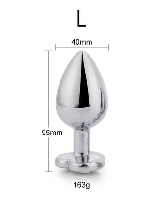 Heart Shaped Butt Plug in polished silver-tone metal, with a tapered teardrop body and rounded heart-shaped base
