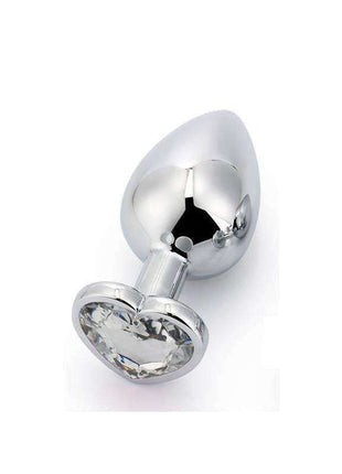 Heart Shaped Butt Plug with a polished silver-tone finish, clear faceted heart jewel and rounded heart-shaped base
