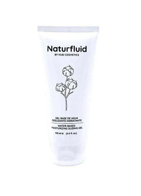 High Density Water Based Sliding Gel in a white Naturfluid squeeze tube with black lettering and a floral line drawing