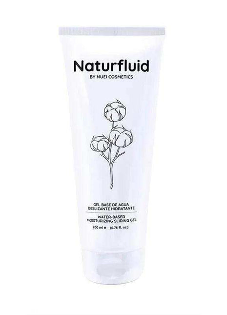 High Density Water Based Sliding Gel in a white Naturfluid tube with black floral line art and clear flip-top cap.