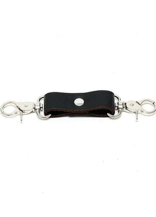 Hogtie 2 Hooks featuring two silver metal snap hooks connected by a black leather strap with a metal stud.