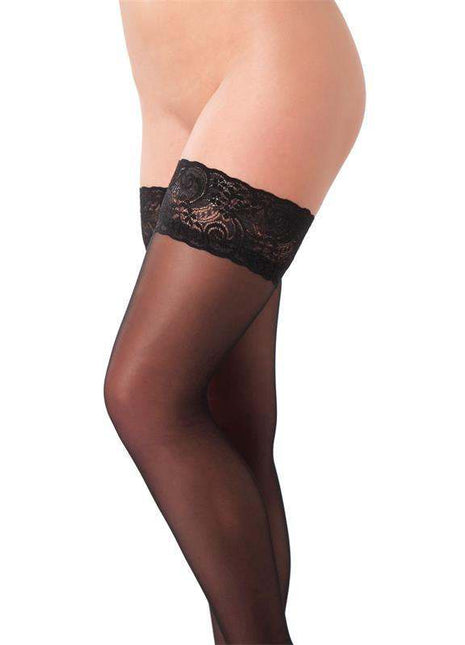 Hold-up Stockings in sheer black stretch fabric, featuring wide floral lace bands at the top for a decorative finish.