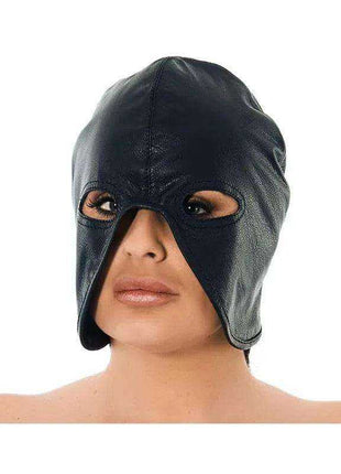 Hood-Adjustable black leather-look hood mask with open eye and face cutouts and side flaps