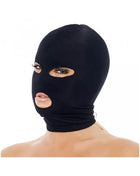 Hood in black stretch nylon with separate openings for the eyes and mouth and a snug full-head fit
