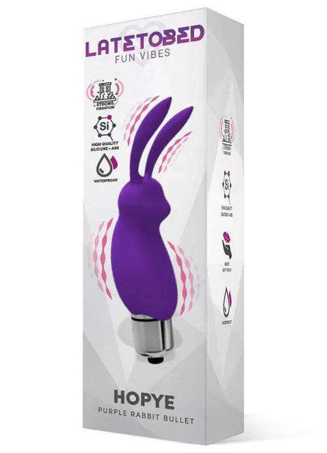 Hopye Rabbit Vibrating Bullet packaging showing a purple silicone rabbit-shaped bullet with long ears and a silver base