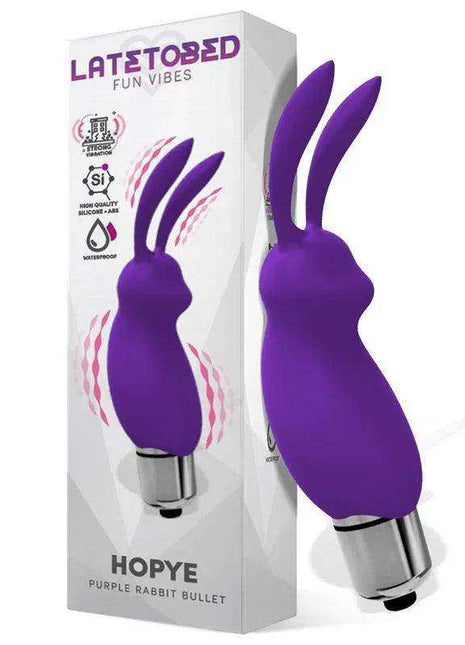 Hopye Rabbit Vibrating Bullet with a purple silicone rabbit-shaped body, two upright ears and metallic silver base.