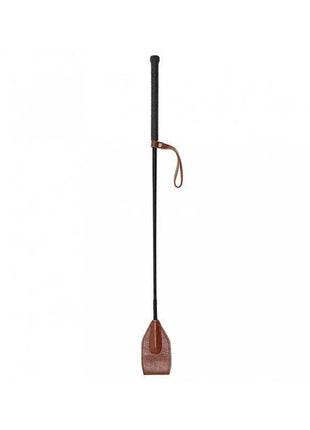 Horse Whip 67 cm with a slender black shaft, textured handle, brown leather wrist loop and broad leather end