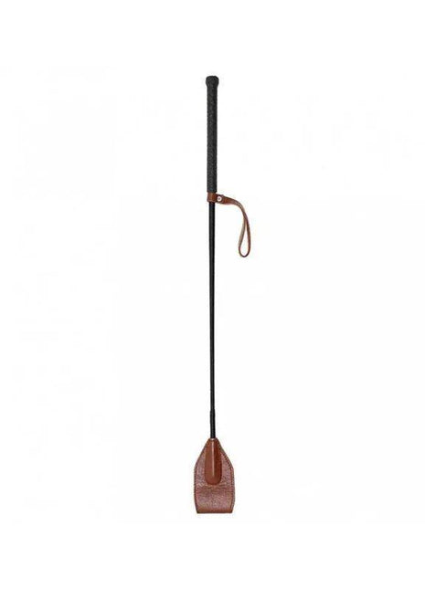 Horse Whip 67 cm with a slender black shaft, textured handle, brown leather wrist loop and broad leather end