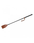 Horse Whip 67 cm with a slim black shaft, brown leather paddle tip and matching wrist loop