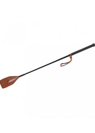 Horse Whip 67 cm with a slim black shaft, dark handle, brown leather wrist loop and broad leather tip