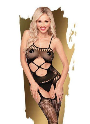 Hot Nightfall Bodystocking in black sheer stretch mesh with geometric cutouts, scalloped trim and zigzag patterned legs
