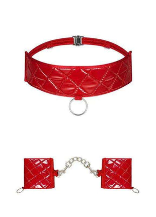 Hunteria Cuff and Chocker set with glossy red quilted choker and matching cuffs joined by a silver chain