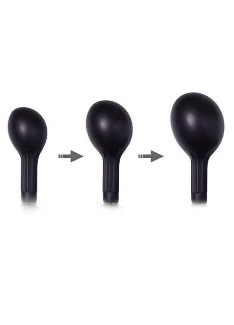 Inflatable Anal Plug in black with a smooth, rounded bulb that expands through three visible inflation sizes
