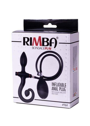 Inflatable Anal Plug set in black, with a curved plug, hand pump and coiled hose shown beside its retail box