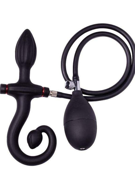 Inflatable Anal Plug in black with a ribbed bulb, curved base, connecting hose and hand pump
