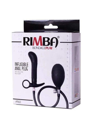 Inflatable Anal Plug set in black silicone, shown with a bulb hand pump and flexible inflation tube beside its retail box