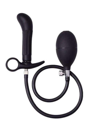 Inflatable Anal Plug in black with a smooth tapered silicone plug, flexible hose, and oval hand pump.