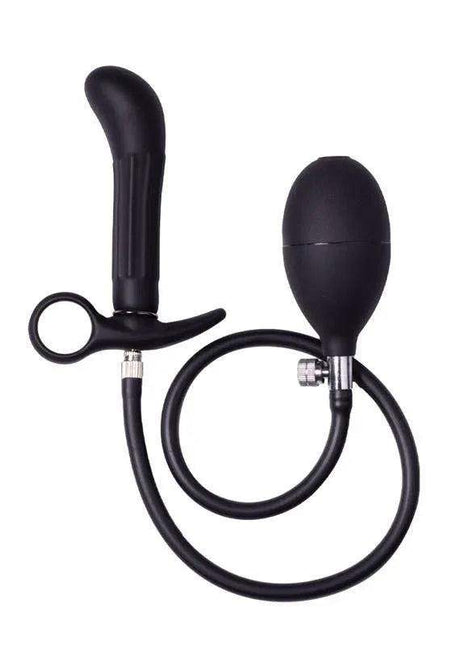 Inflatable Anal Plug in black with a smooth tapered silicone plug, flexible hose, and oval hand pump.