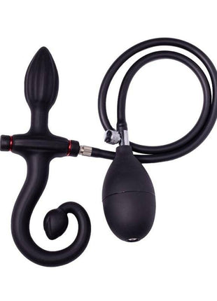Black inflatable anal plug with handle and hand pump for controlled inflation and gradual fullness