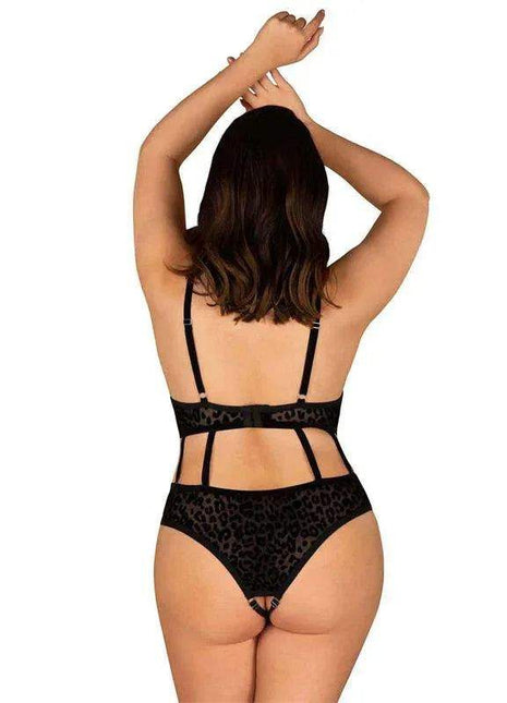 Jagueria Crotchless Teddy in black sheer fabric with a subtle leopard pattern, strappy open-back design and high-cut legs