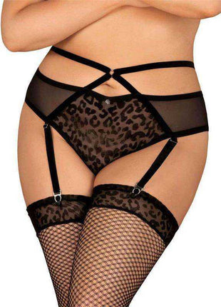 Jagueria Garter Belt in black sheer mesh with leopard-print panels, strappy waist detail and adjustable stocking straps