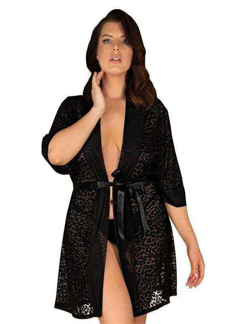 Jagueria Peignoir in black, with a sheer leopard pattern, wide sleeves, satin trim and a matching waist tie