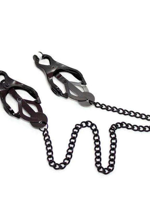 Japanese Nipple Clamps in black metal with adjustable gripping ends connected by a long black chain